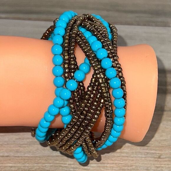 Beaded Wrap Bracelet Lot Women’s Brown And Turquoise Cuff Woven Bangle Bohemian - Picture 6 of 6